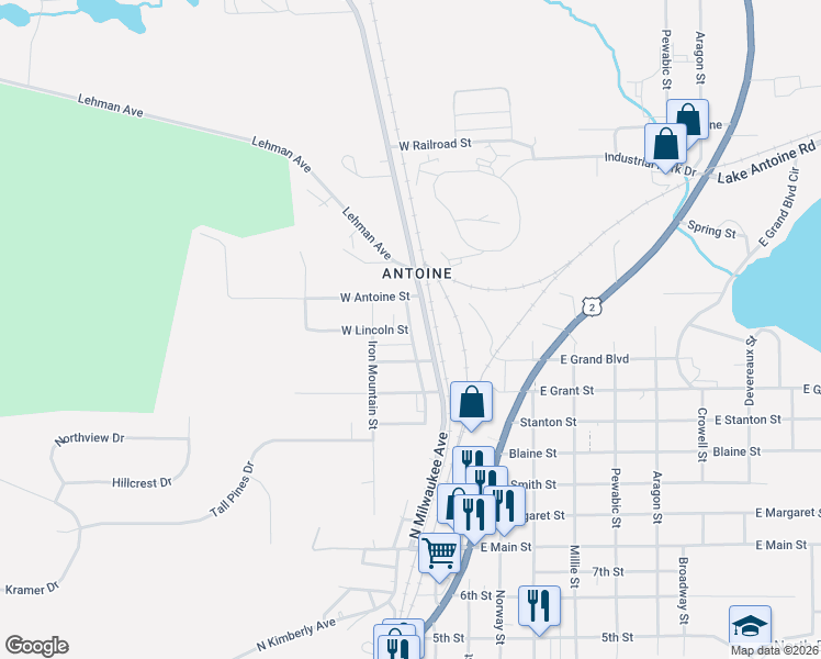 map of restaurants, bars, coffee shops, grocery stores, and more near 144 W Lincoln St in Iron Mountain