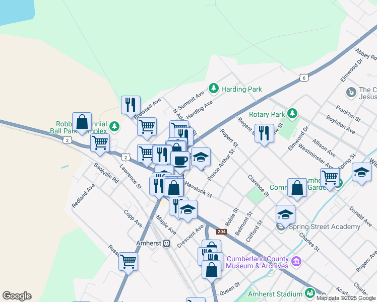 map of restaurants, bars, coffee shops, grocery stores, and more near 147 Victoria Street East in Amherst