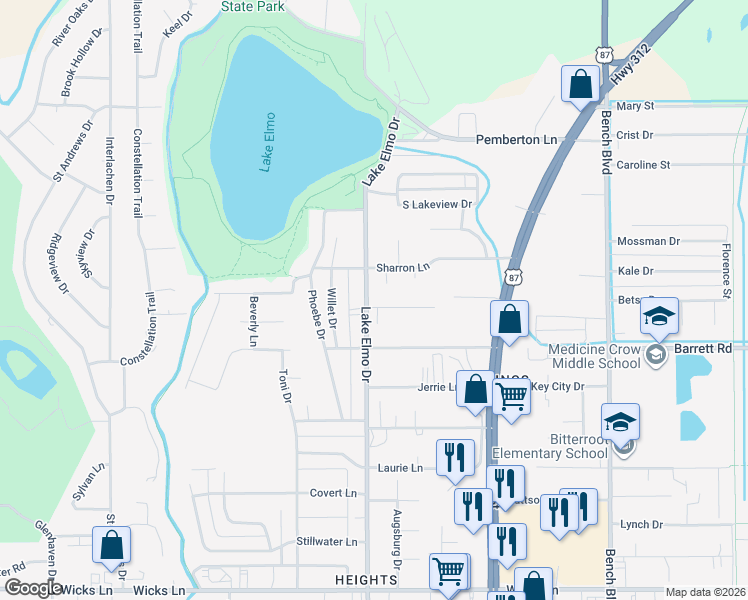 map of restaurants, bars, coffee shops, grocery stores, and more near 408 Roxy Lane in Billings