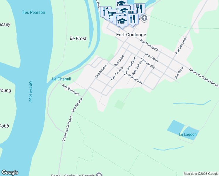 map of restaurants, bars, coffee shops, grocery stores, and more near 50 Rue Proudfoot in Fort-Coulonge