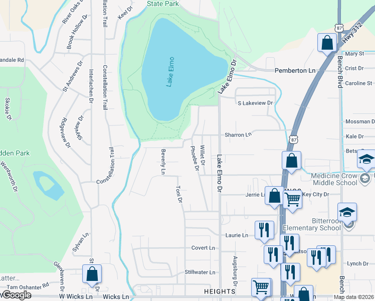 map of restaurants, bars, coffee shops, grocery stores, and more near 2023 Phoebe Drive in Billings
