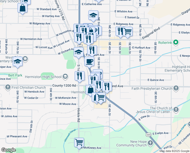 map of restaurants, bars, coffee shops, grocery stores, and more near 769-799 S Hwy 395 in Hermiston