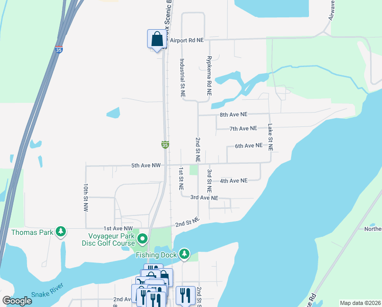 map of restaurants, bars, coffee shops, grocery stores, and more near 125 5th Avenue Northeast in Pine City