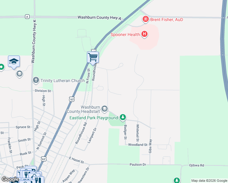 map of restaurants, bars, coffee shops, grocery stores, and more near 1700 Trails End in Spooner