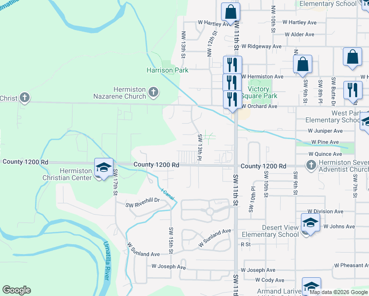 map of restaurants, bars, coffee shops, grocery stores, and more near 1330 West Highland Avenue in Hermiston