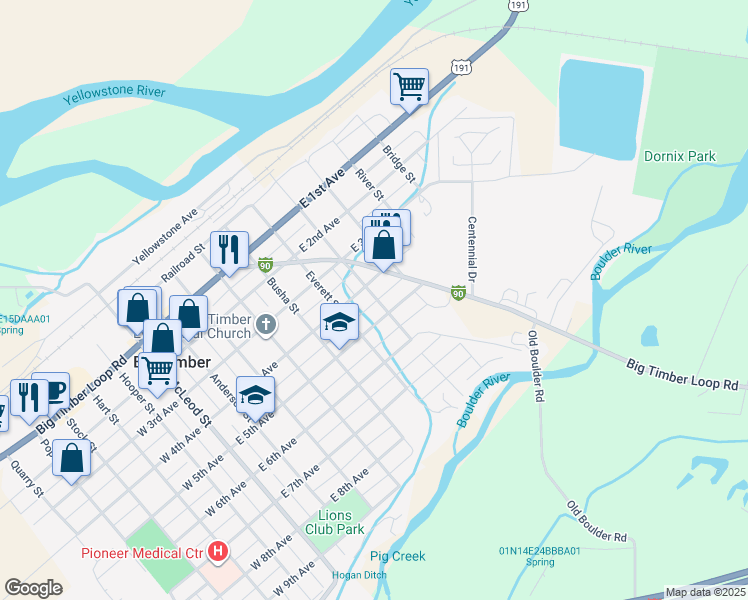 map of restaurants, bars, coffee shops, grocery stores, and more near 602 East 5th Avenue in Big Timber