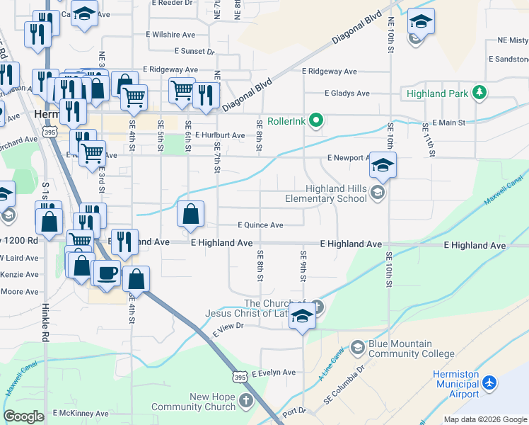 map of restaurants, bars, coffee shops, grocery stores, and more near 820 East Tamarack Avenue in Hermiston