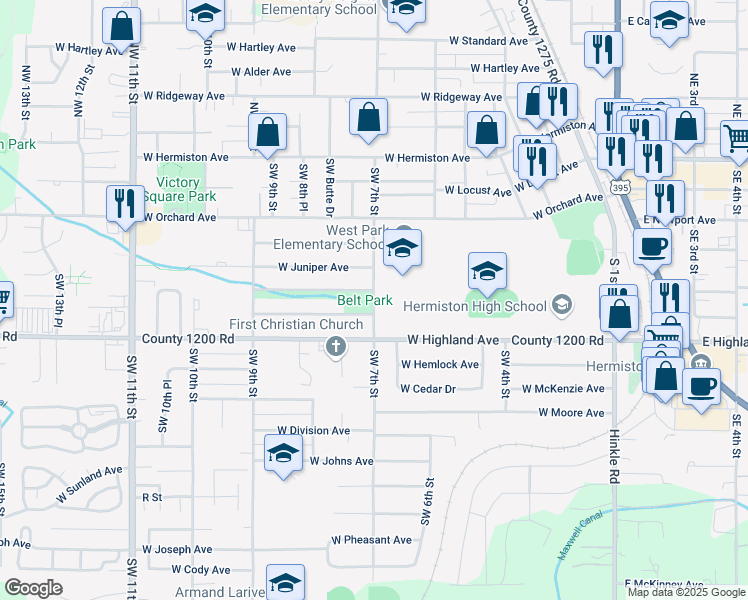 map of restaurants, bars, coffee shops, grocery stores, and more near 555 Southwest 7th Street in Hermiston