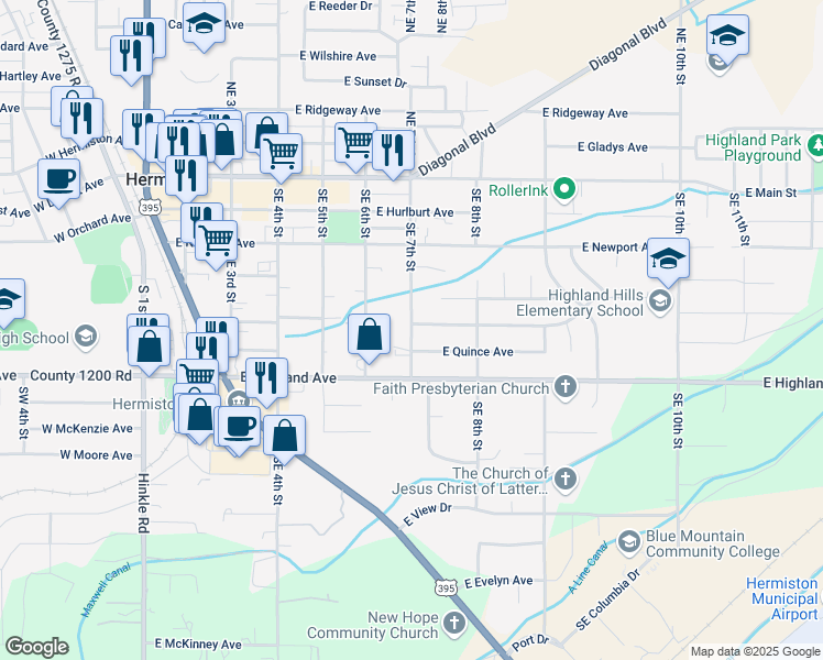 map of restaurants, bars, coffee shops, grocery stores, and more near 510 SE 7th St in Hermiston