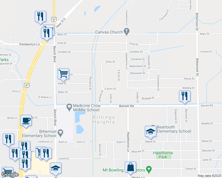 map of restaurants, bars, coffee shops, grocery stores, and more near 2098 Echo Drive in Billings