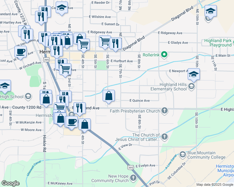 map of restaurants, bars, coffee shops, grocery stores, and more near 510 Southeast 7th Street in Hermiston