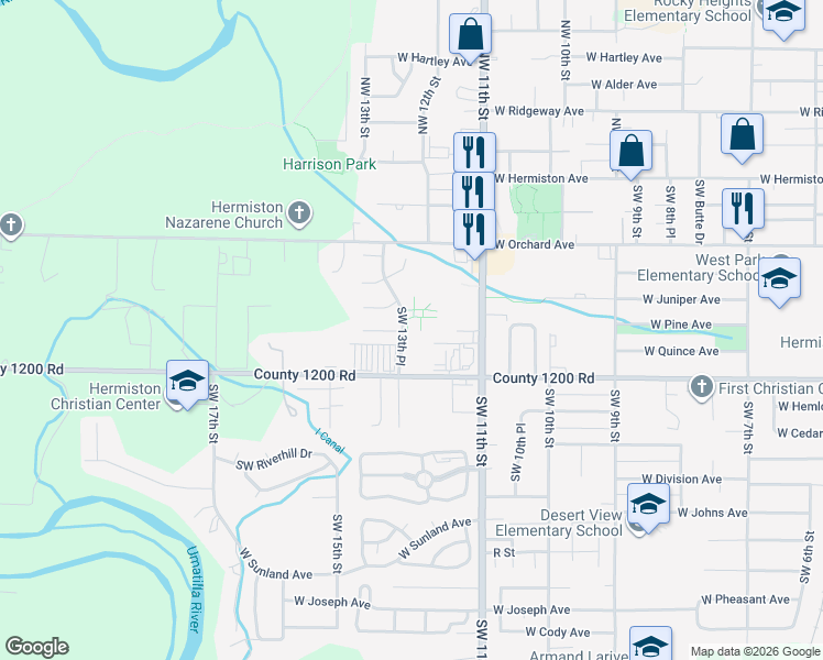 map of restaurants, bars, coffee shops, grocery stores, and more near 1307 Southwest Debra Court in Hermiston