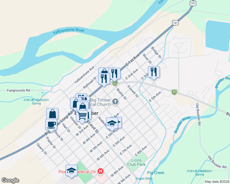 map of restaurants, bars, coffee shops, grocery stores, and more near 162 Big Timber Loop Road in Big Timber