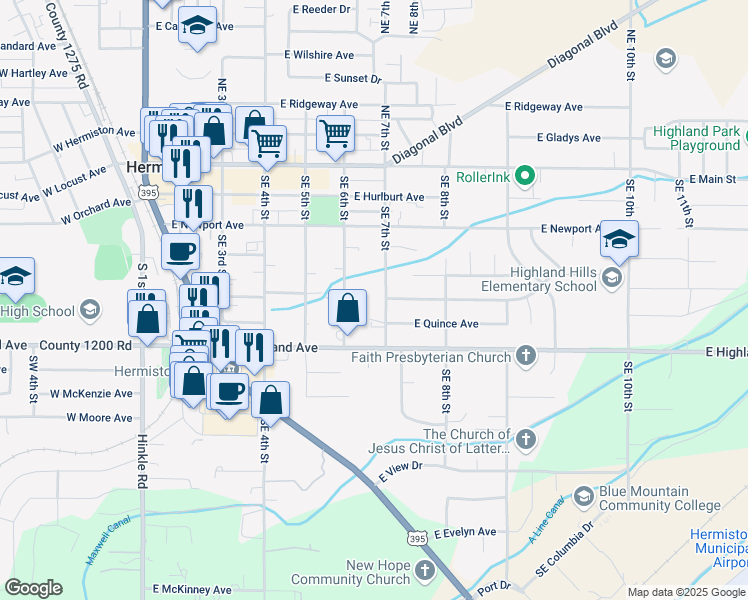 map of restaurants, bars, coffee shops, grocery stores, and more near 510 Southeast 7th Street in Hermiston