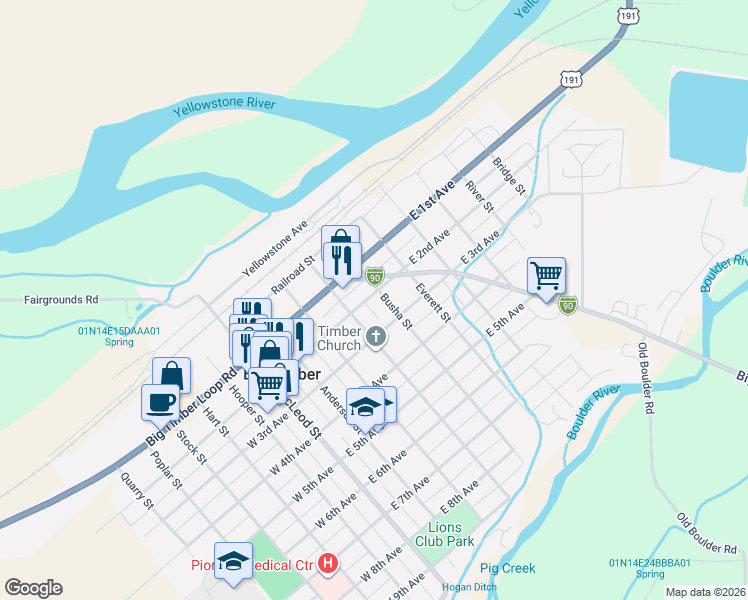 map of restaurants, bars, coffee shops, grocery stores, and more near 162 Big Timber Loop Road in Big Timber