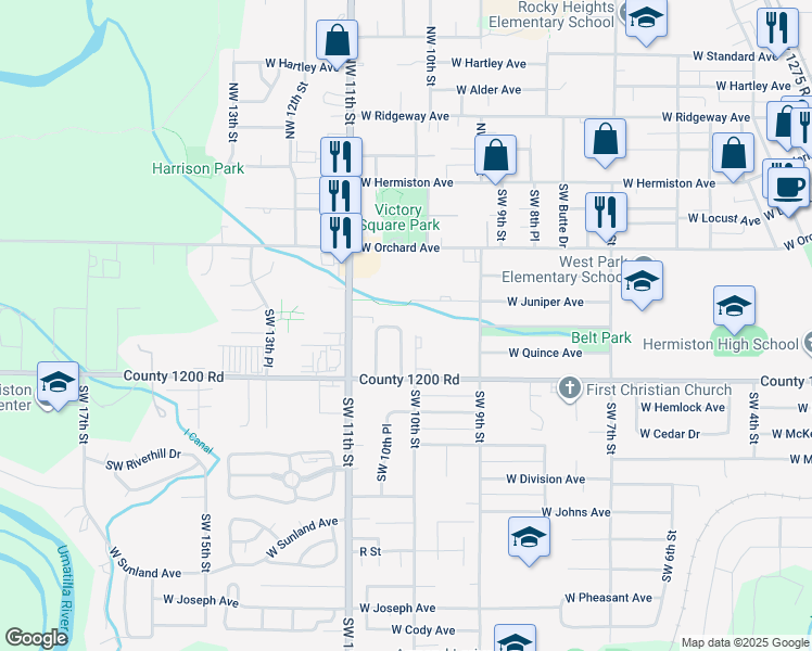 map of restaurants, bars, coffee shops, grocery stores, and more near 11 Southwest Birch Drive in Hermiston
