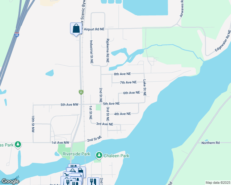 map of restaurants, bars, coffee shops, grocery stores, and more near 525 Westchester Drive Northeast in Pine City