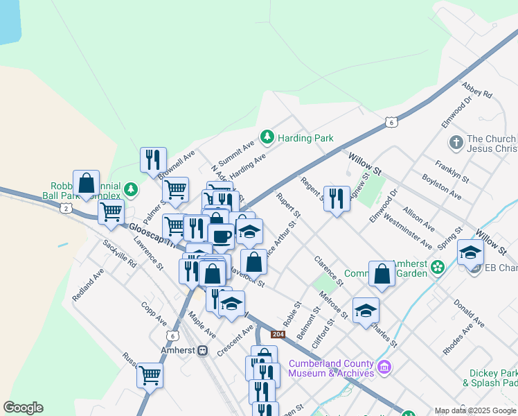 map of restaurants, bars, coffee shops, grocery stores, and more near 159 Victoria Street East in Amherst