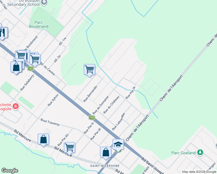 map of restaurants, bars, coffee shops, grocery stores, and more near 5220 Rue Descartes in Drummondville