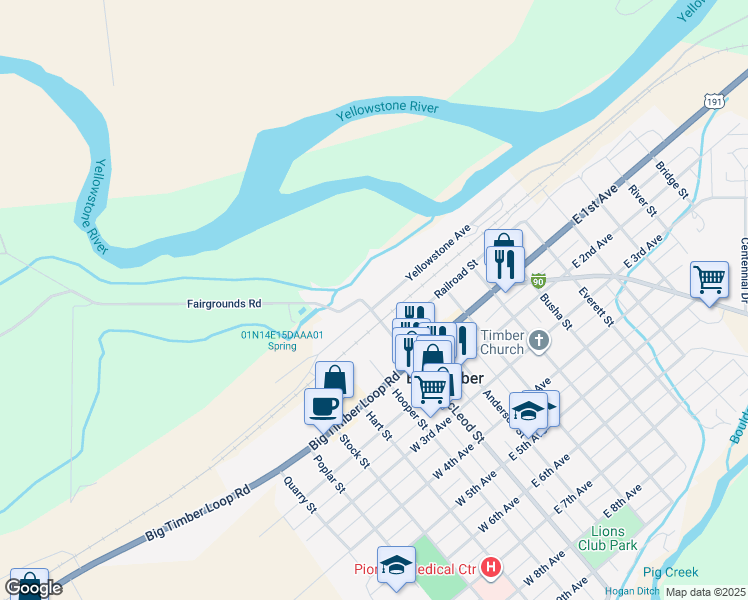 map of restaurants, bars, coffee shops, grocery stores, and more near 104 Yellowstone Avenue in Big Timber
