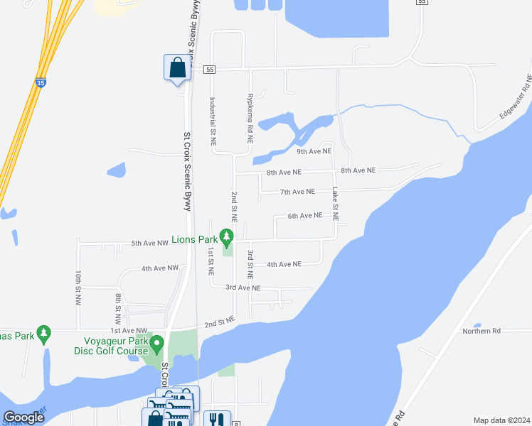 map of restaurants, bars, coffee shops, grocery stores, and more near 525 Westchester Drive Northeast in Pine City