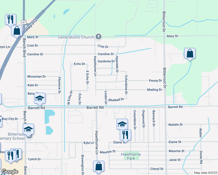 map of restaurants, bars, coffee shops, grocery stores, and more near 1246 Peony Drive in Billings