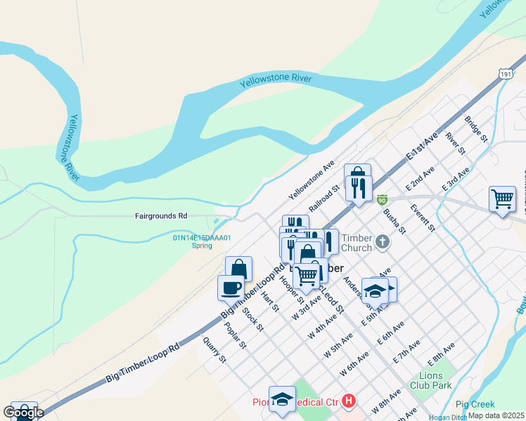 map of restaurants, bars, coffee shops, grocery stores, and more near 104 Yellowstone Ave in Big Timber