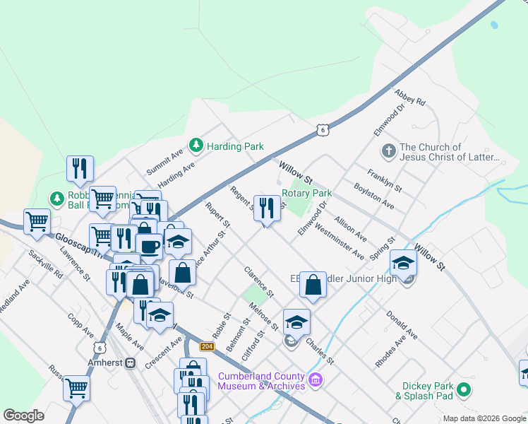 map of restaurants, bars, coffee shops, grocery stores, and more near 18 Regent Street in Amherst