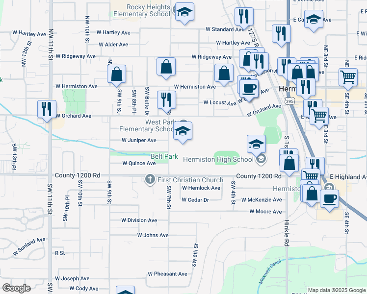 map of restaurants, bars, coffee shops, grocery stores, and more near 555 Southwest 7th Street in Hermiston