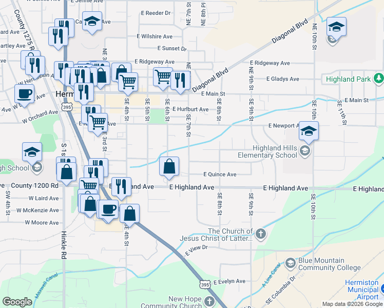 map of restaurants, bars, coffee shops, grocery stores, and more near 445 Southeast 7th Street in Hermiston