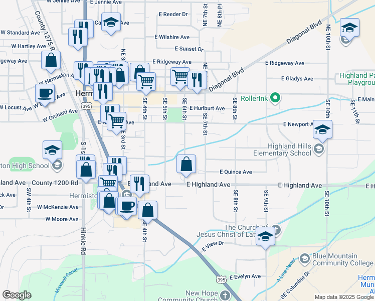 map of restaurants, bars, coffee shops, grocery stores, and more near 545 Southeast 6th Street in Hermiston