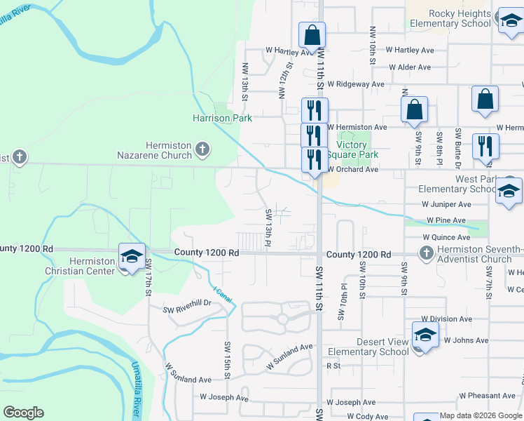 map of restaurants, bars, coffee shops, grocery stores, and more near 1307 Southwest Debra Court in Hermiston