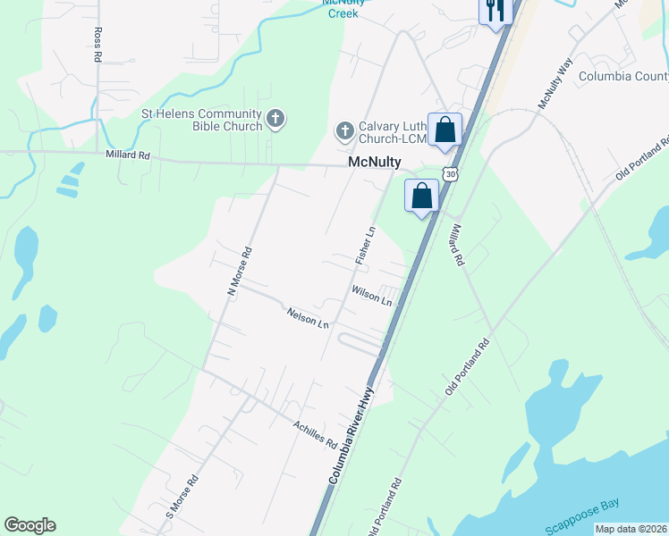 map of restaurants, bars, coffee shops, grocery stores, and more near 57983 Fisher Lane in St. Helens