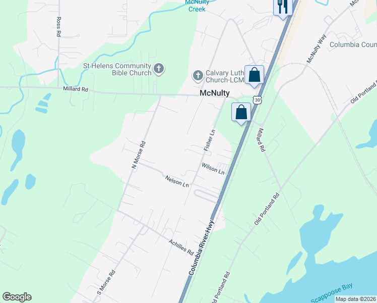map of restaurants, bars, coffee shops, grocery stores, and more near 57983 Fisher Lane in St. Helens