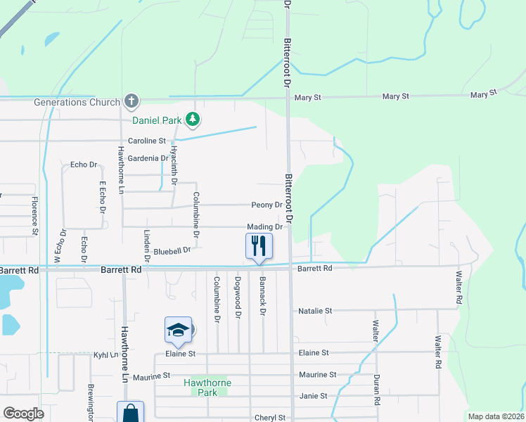 map of restaurants, bars, coffee shops, grocery stores, and more near 1552 Peony Drive in Billings