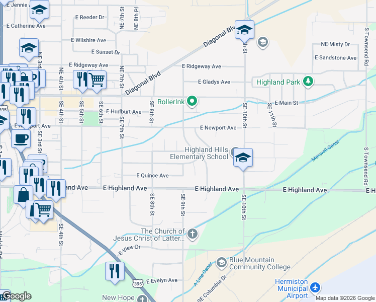 map of restaurants, bars, coffee shops, grocery stores, and more near 820 East Tamarack Avenue in Hermiston