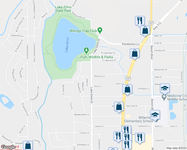 map of restaurants, bars, coffee shops, grocery stores, and more near 401 Sharron Lane in Billings