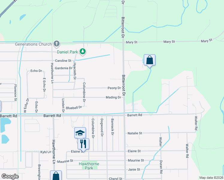 map of restaurants, bars, coffee shops, grocery stores, and more near 1552 Peony Drive in Billings