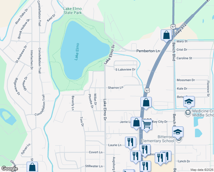 map of restaurants, bars, coffee shops, grocery stores, and more near 401 Sharron Lane in Billings