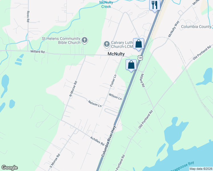map of restaurants, bars, coffee shops, grocery stores, and more near 58007 Fisher Lane in St. Helens