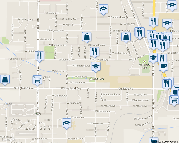 map of restaurants, bars, coffee shops, grocery stores, and more near 747 West Juniper Avenue in Hermiston