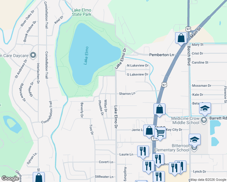 map of restaurants, bars, coffee shops, grocery stores, and more near 332 Lake Elmo Drive in Billings