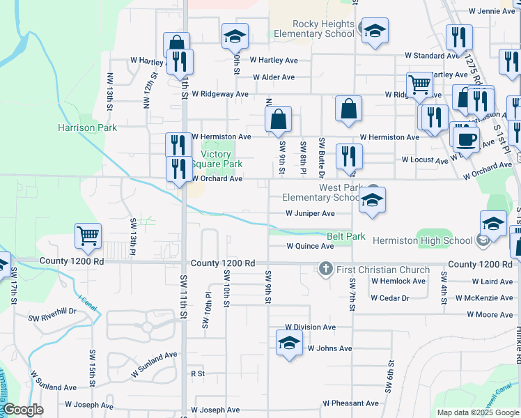 map of restaurants, bars, coffee shops, grocery stores, and more near 930 Southwest 9th Street in Hermiston