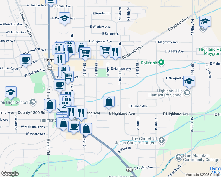 map of restaurants, bars, coffee shops, grocery stores, and more near 545 Southeast 6th Street in Hermiston