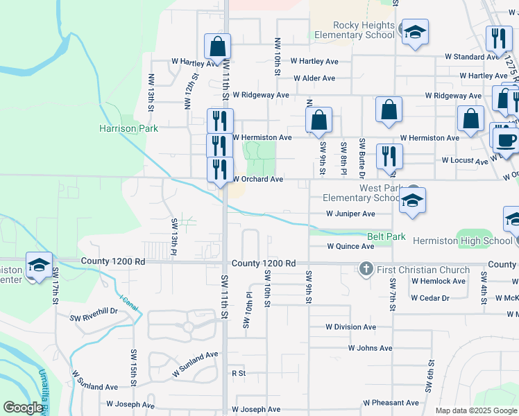 map of restaurants, bars, coffee shops, grocery stores, and more near 11 Southwest Birch Drive in Hermiston