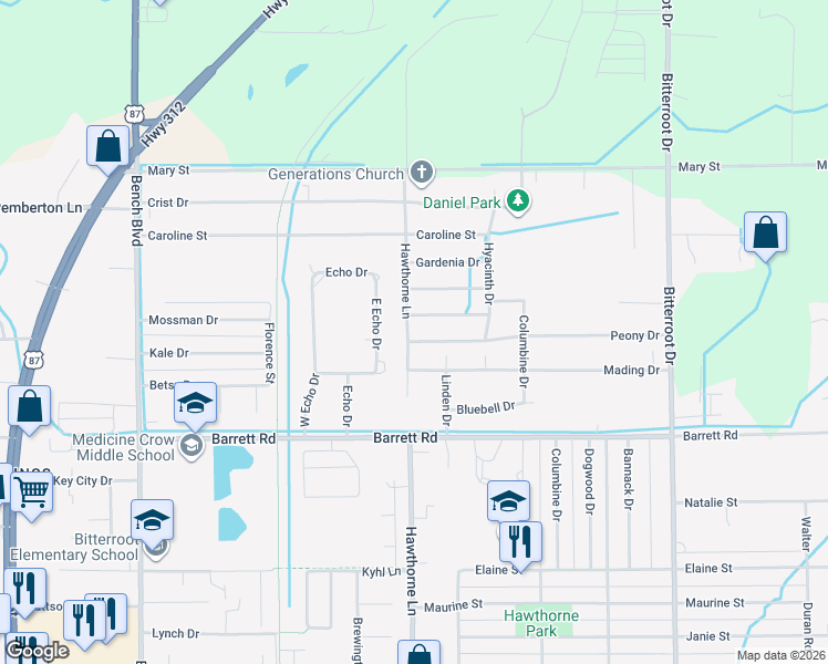 map of restaurants, bars, coffee shops, grocery stores, and more near 1203 Peony Drive in Billings