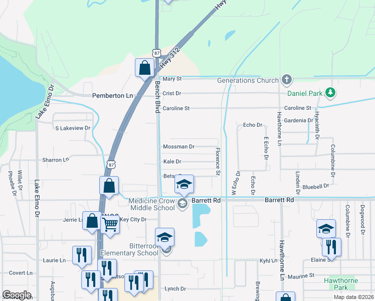 map of restaurants, bars, coffee shops, grocery stores, and more near 815 Kale Drive in Billings
