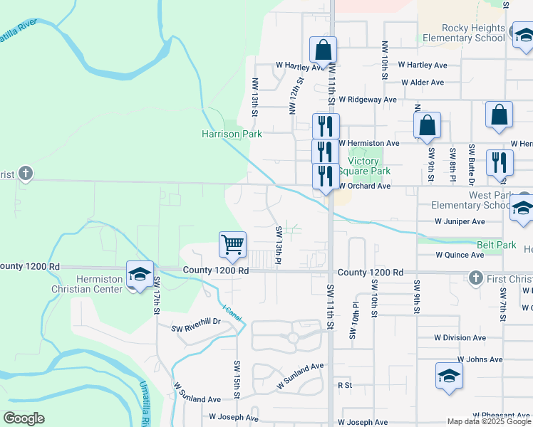 map of restaurants, bars, coffee shops, grocery stores, and more near 1301 Southwest Shane Court in Hermiston