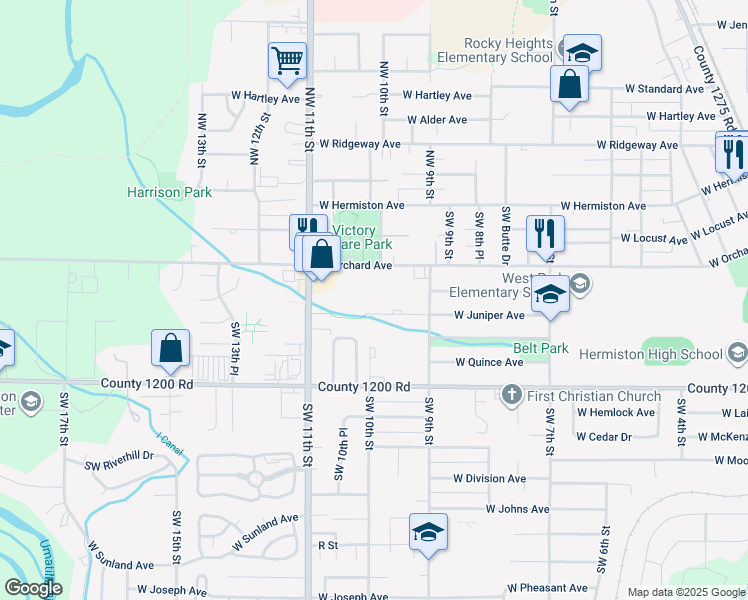 map of restaurants, bars, coffee shops, grocery stores, and more near 11 Southwest Birch Drive in Hermiston