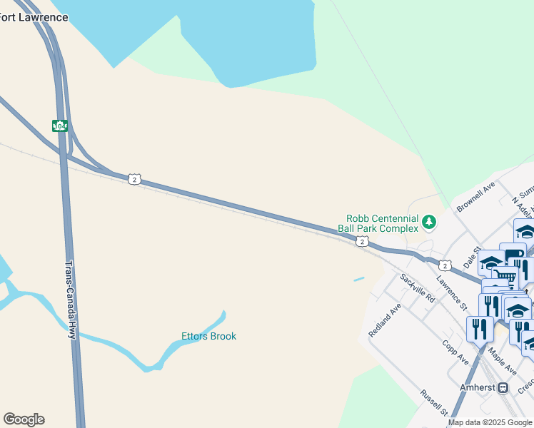 map of restaurants, bars, coffee shops, grocery stores, and more near 21040 Nova Scotia Trunk 2 in Amherst